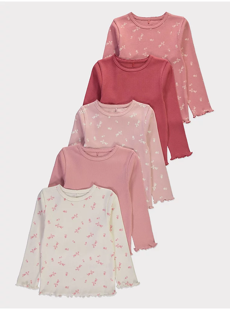 George Pink Floral Lettuce Edge Long Sleeve Tops 5 Pack